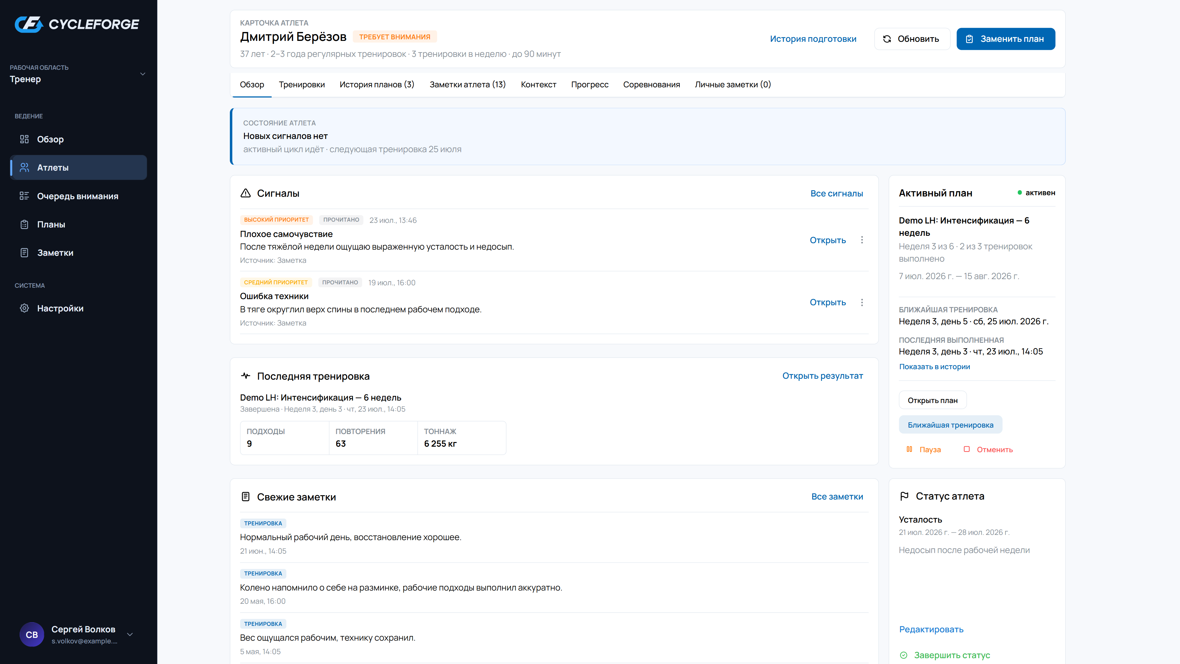 Тренерский dashboard CycleForge с сигналами и активным планом